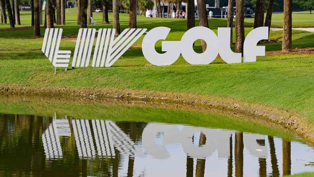 Signage during day three of the LIV Golf Invitational Miami on Oct. 22, 2023, at Trump National Doral Miami in Doral, Fla.